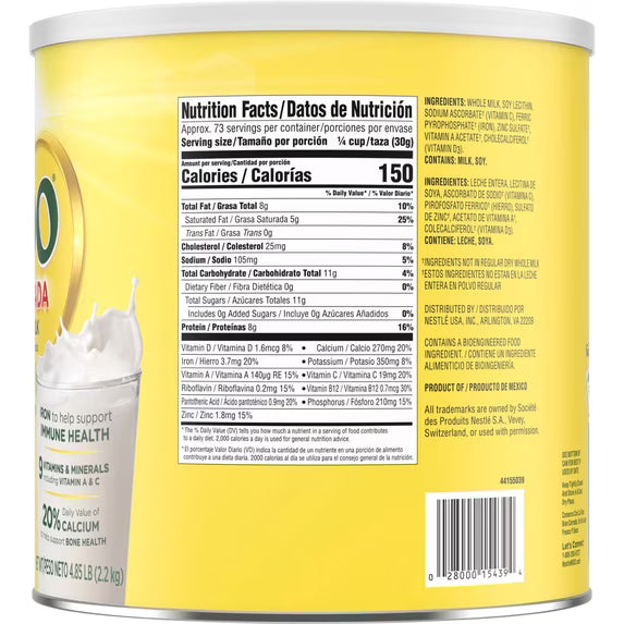 Nestlé NIDO Fortificada Dry Whole Milk Powder with Vitamins & Minerals, 4.85 lb (2.2 kg), 73 Servings