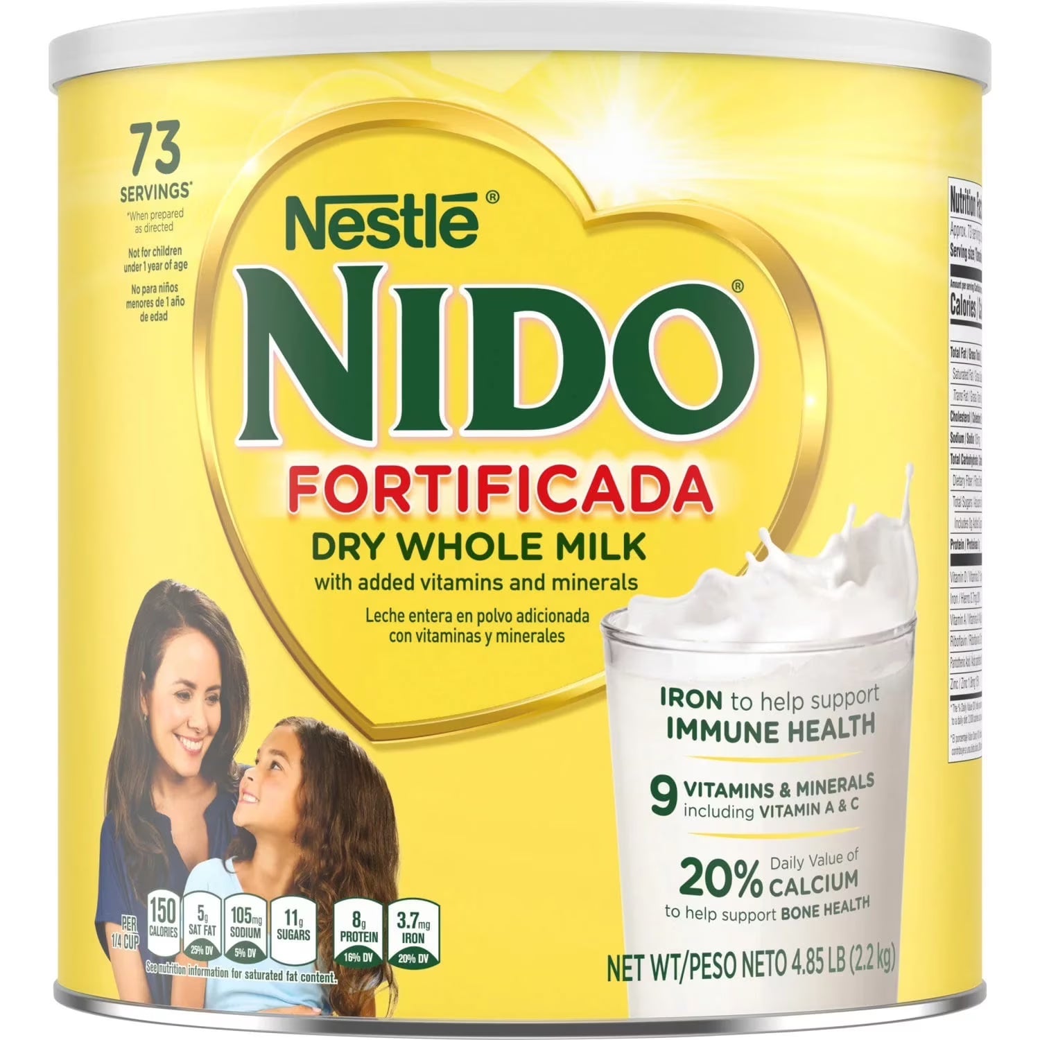 Nestlé NIDO Fortificada Dry Whole Milk Powder with Vitamins & Minerals, 4.85 lb (2.2 kg), 73 Servings