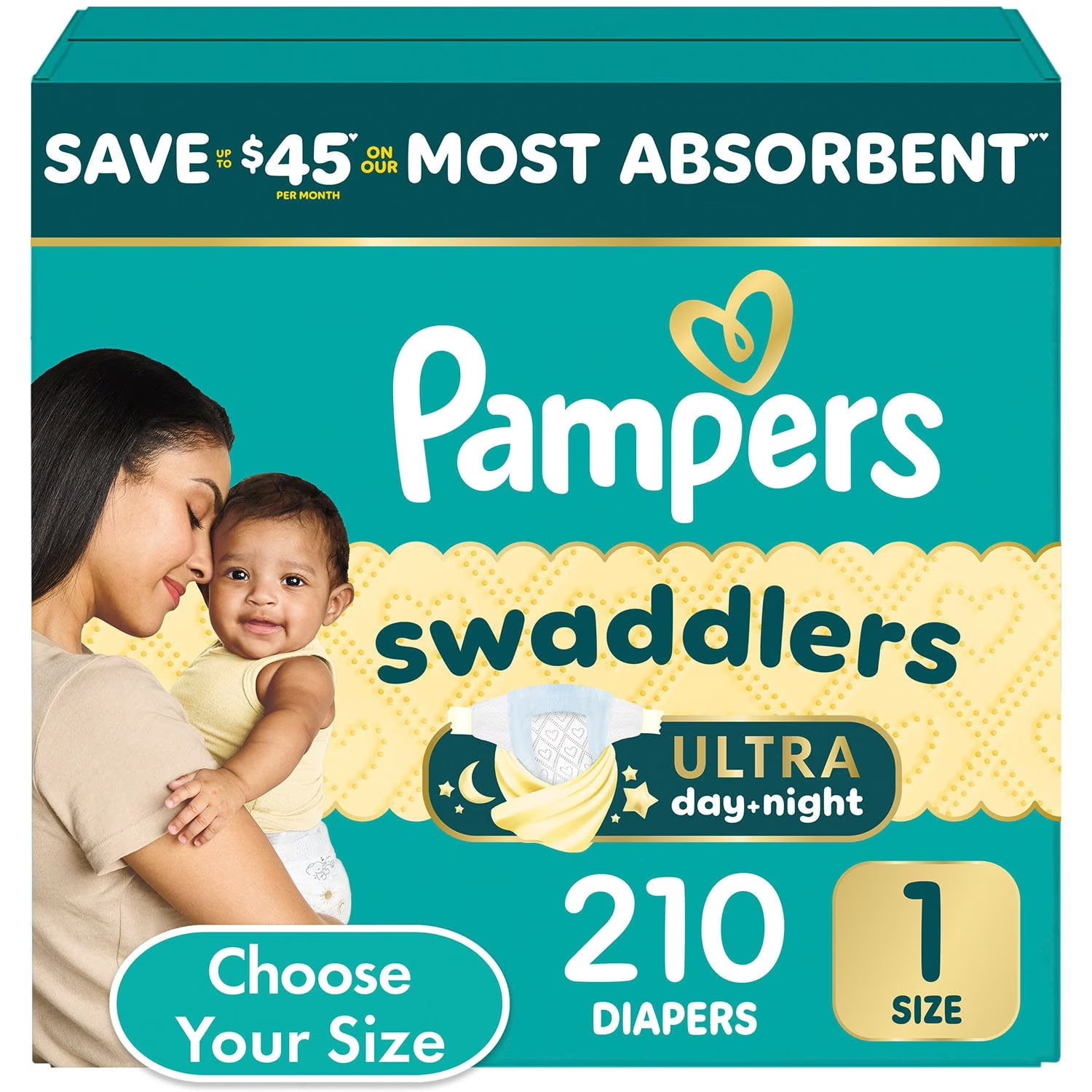 Pampers Swaddlers Ultra Day & Night Baby Diapers Size 1 (8–14 lbs), 210 Count
