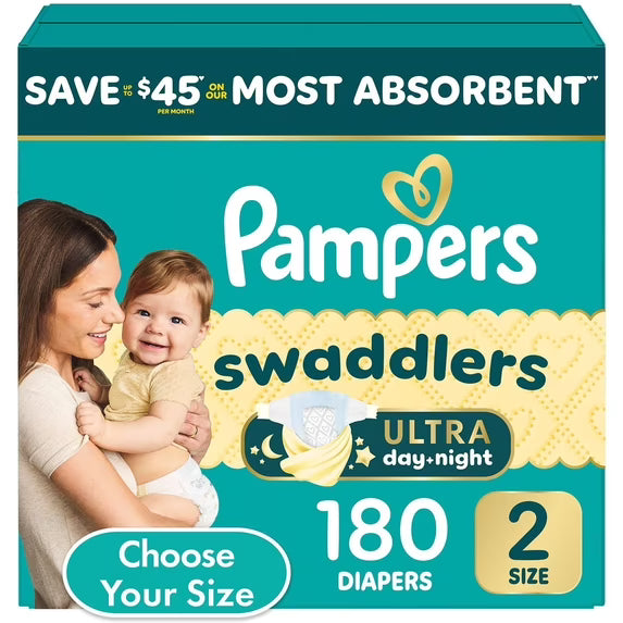 Pampers Swaddlers Ultra Day & Night Baby Diapers Size 2 (10–22 lbs), 180 Count